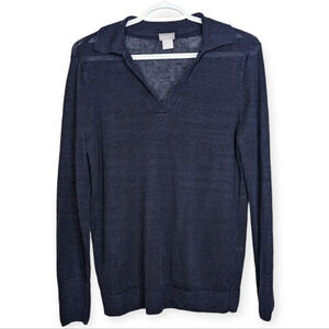Chicos Navy  Blue Linen Blend V Neck Collared Thin Knit Top Woman Size 1 Medium